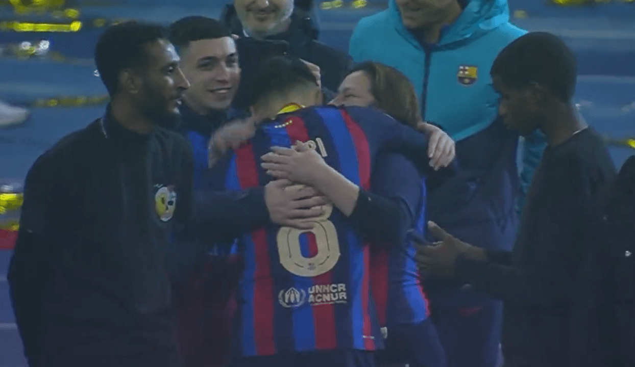 Pedri in tears with his family after winning the Spanish Super Cup