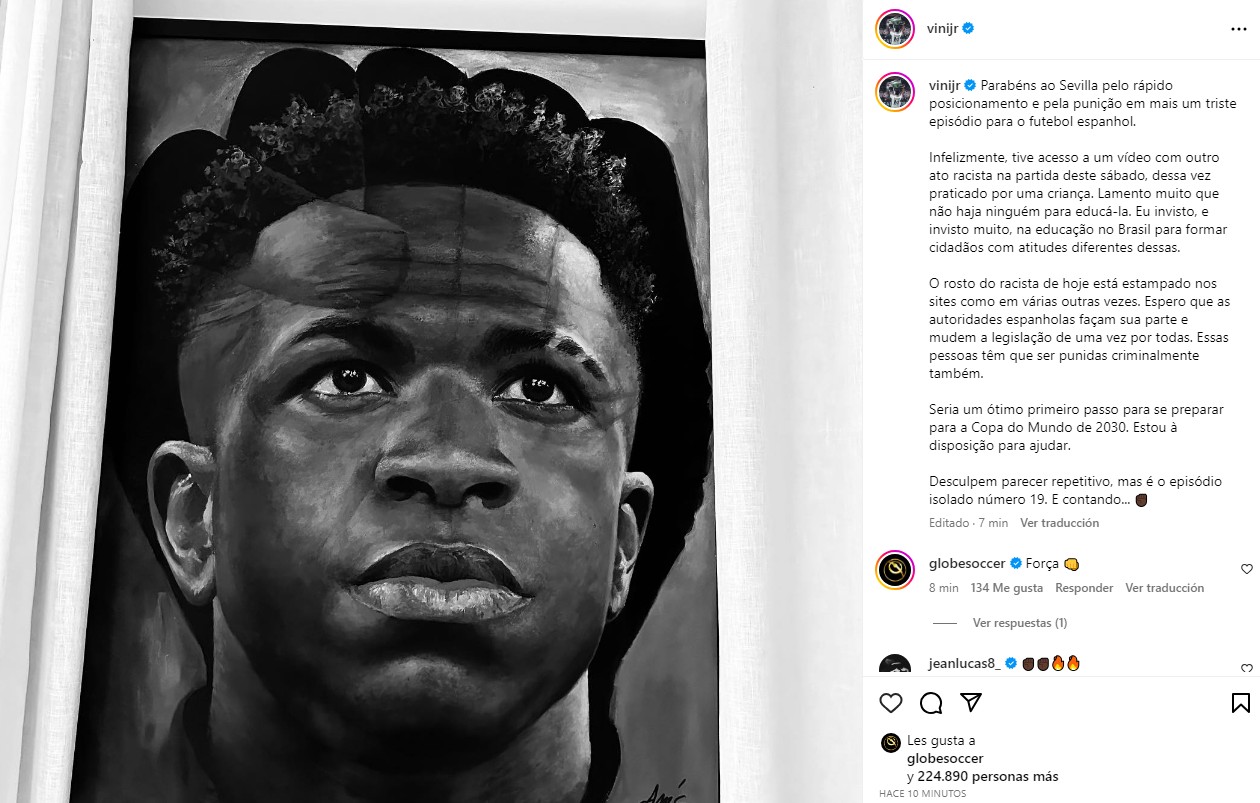 Vinicius congratulated Sevilla for punishing a racist fan, condemned a child's insults