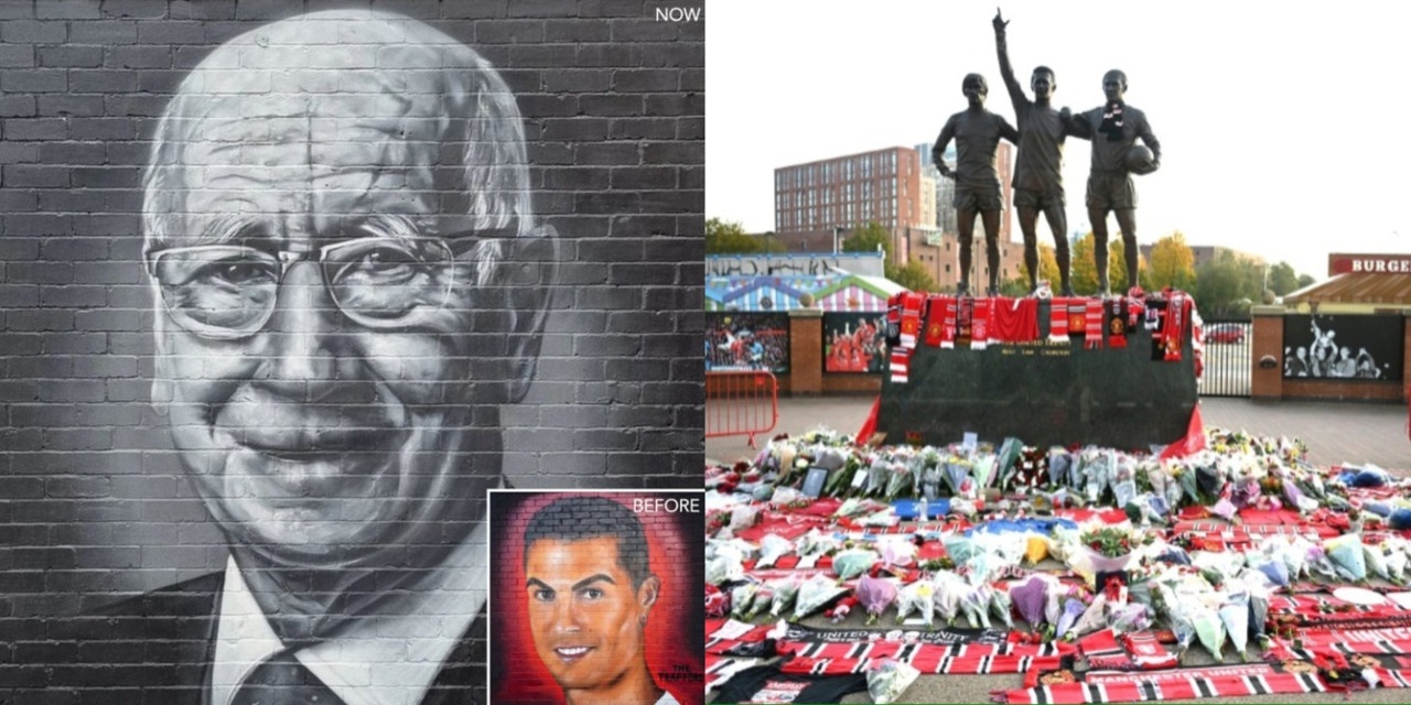 Bobby Charlton mural painted over Ronaldo mural near Old Trafford