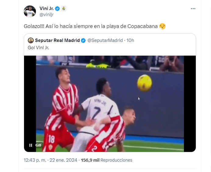 Vinicius responds ironically to his controversial equaliser against Almeria