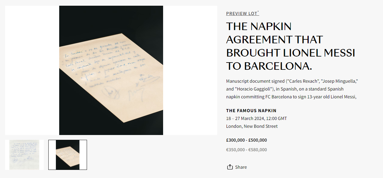 Messi's famous napkin to be auctioned at Bonhams