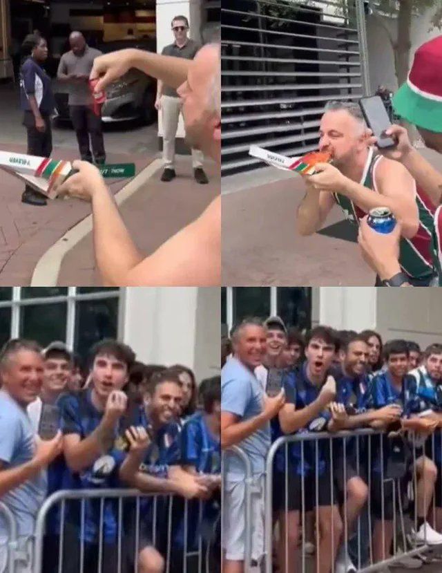 Fluminense fan puts ketchup on a pizza in front of Inter fans